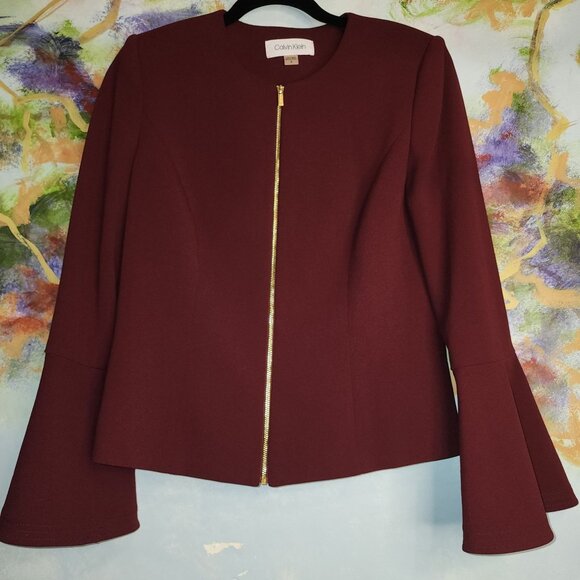 Calvin Klein Burgundy Bell Sleeve Blazer Jacket Gold Zipper Women's 8 - Picture 3 of 10